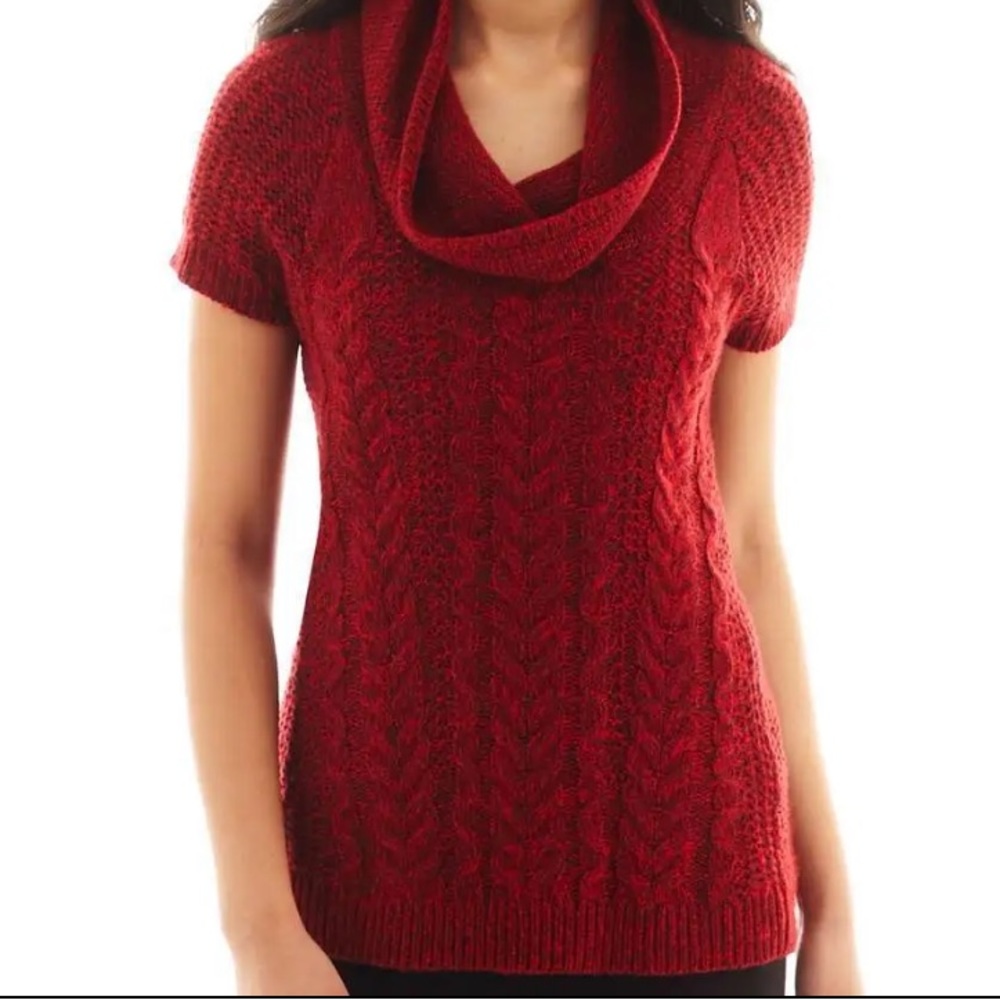 Worthington red cap sleeve tunic sweater cable knit pattern cowl neck petite MED